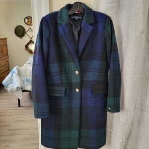 Tartan Wool Blend Coat with Gold Buttons